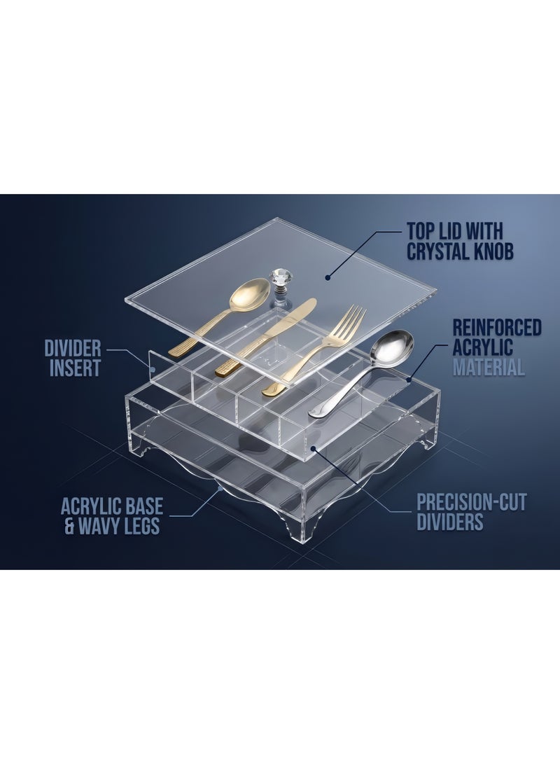 بيتى صندوق تنظيم أدوات المائدة من الأكريليك الشفاف من بيتي فير بمقبض كريستالي، حاوية تخزين أدوات المطبخ، تصميم موفر للمساحة، 5 جوانب - Image 5